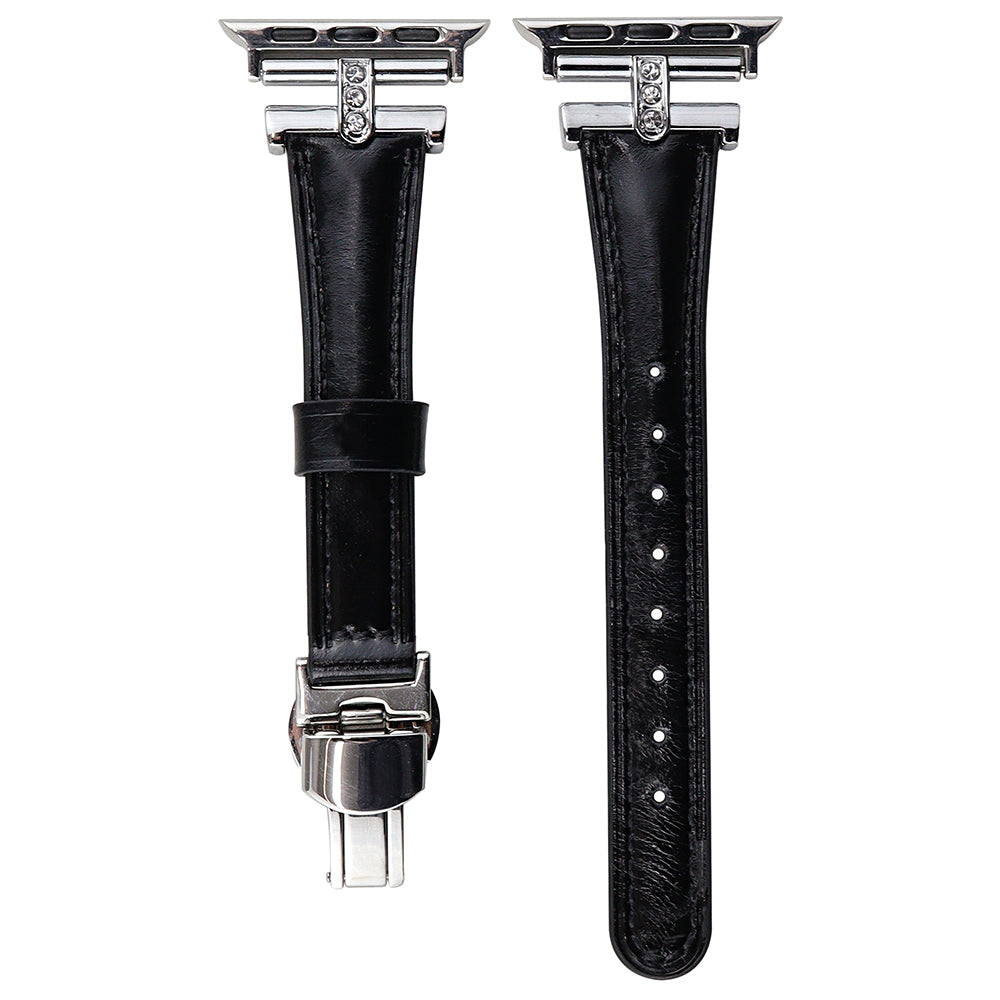 For Apple Watch Series 9 8 7 41mm / SE (2023) SE (2022) SE 6 5 4 40mm / 3 2 1 38mm Rhinestone Decor Strap Genuine Cow Leather Band - Black For Apple Watch Series 9 8 7 41mm / SE (2023) SE (2022) SE 6 5 4 40mm / 3 2 1 38mm Rhinestone Decor Strap Genuine Cow Leather Band - Black